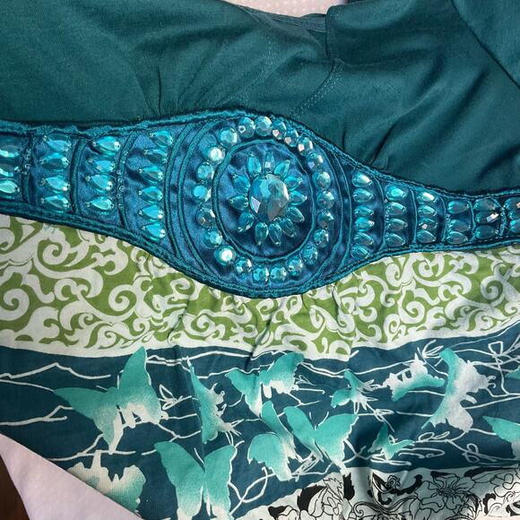Fresh Brewed Girl 3/4 Sleeve Blouse for Girls, size L, Green Blue,Shining Stones - Picture 6 of 8